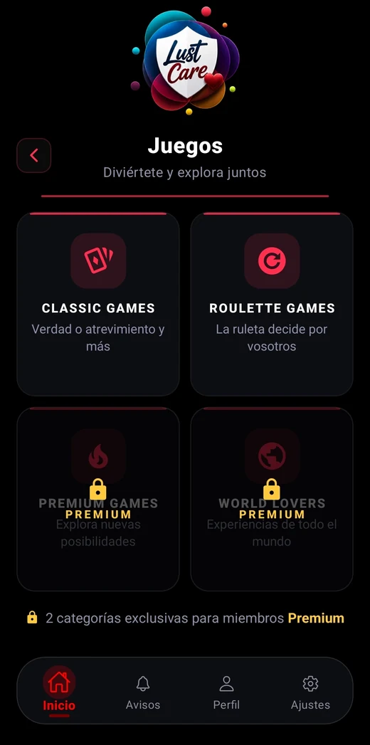 Pantalla de Juegos de LustCare con Classic Games y Roulette Games disponibles, y Premium Games / World Lovers marcados como contenido premium