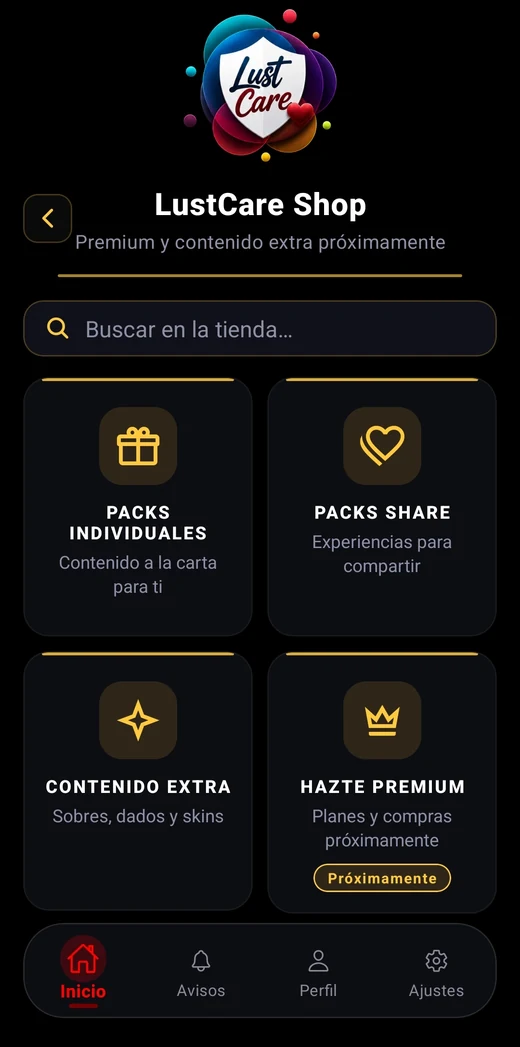 Pantalla de LustCare Shop con Packs Individuales, Packs Share, Contenido Extra y Hazte Premium marcado como Próximamente
