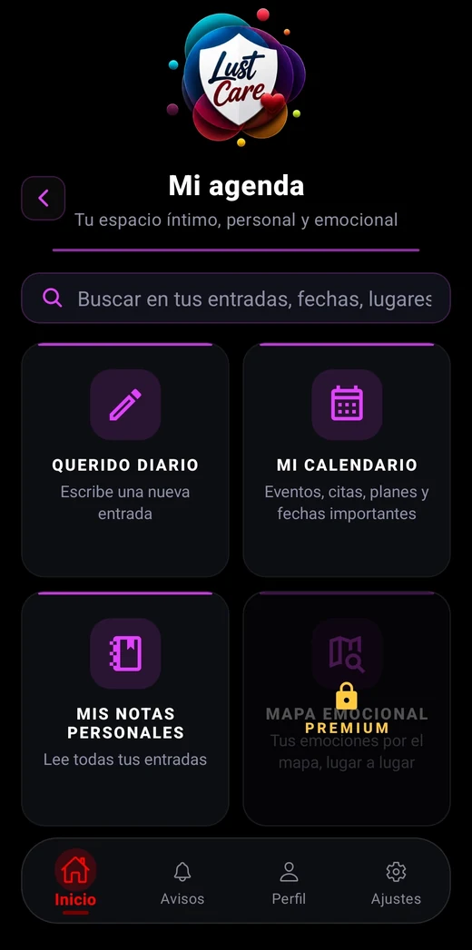 Pantalla Mi Agenda de LustCare con Querido Diario, Mi Calendario y Mis Notas Personales